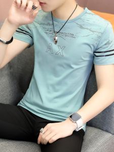Mens Short Sleeve Cotton Ice Silk T-Shirt round Neck Half Sleeve Summer Fashionable Clothing Brand Korean Style Printed Youth Pop