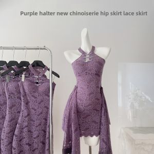 New Purple Peach Blossom Lace Halter Dress Womens Spring 2025 Bodycon Skirt Chinese Style Clothing Fashionable Womens Dress