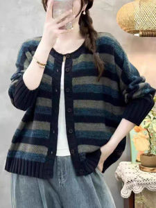 Spring Autumn Winter New Style Womens round Neck Long Sleeve Knitted Loose Base Shirt Fashionable Outerwear Cardigan