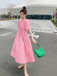 Pink Summer Dress Womens Beautiful French Sweet Gentle Style Korean A-Line Skirt High Waist Bubble Sleeve Short Sleeve Midi Dress