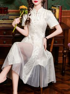 New Chinese Style Womens Dress Summer 2025 A-Line Midi Skirt Short Sleeve High Waist Print Korean Version Commute Dress