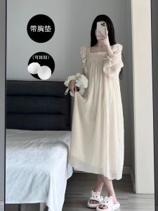 Japanese Style Ladies Sleepwear Summer New Loose Home Clothes with Chest Pad Integrated Sweet Style Long Sleeve Cotton Linen