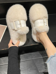 Fashionable Thick Bottom Fur Slippers WomensOutdoor Wear Autumn Winter New Style Belt Buckle Warm Cotton Slides Kawaii Style
