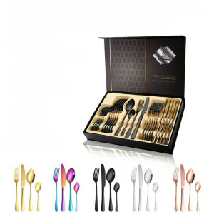 24pcs Black/Gold Silverware Set with Steak Knives Forks SpoonsStainless Steel Tableware Cutlery Service for 6Dishwasher Safe