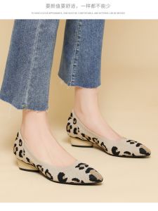 Comfortable Low Heel Chunky Heel Casual Fashionable Leopard Print Fly Knit Shoes Womens Single Shoes Spring New Style