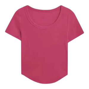 YUEZHONGWEI | เสื้อยืดแขนสั้นผ้าไหมน้ำแข็งสีชมพูม่วง U เสื้อคอวีทรงสลิมฟิตสำหรับผู้หญิงในช่วงฤดูร้อน เสื้อผ้าทำงานสไตล์เกาหลี