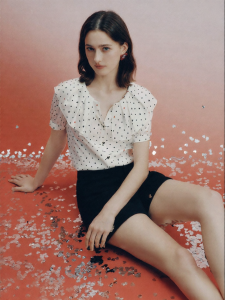 FAMANXUAN | French Style Heart Dot Ruffled Bell Sleeve Short Sleeve Shirt