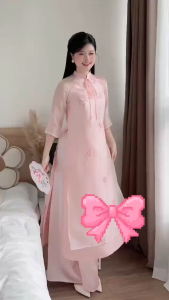 Set áo dài hiện đài truyền thống du xuân chất Tơ thêu họa tiết cành hoa cài nút cổ cột nơ mix quần dài Tuyết Mưa thanh lịch