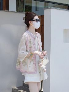 New Chinese Style Womens Fashion Set Short Pants Embroidered Top Pink Vest Autumn Wear round Neck Seven Sleeve Length