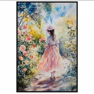 Tranh màu nước phong cảnh cô gái trong vườn hoa hồng.Tranh treo tườngdán tườngcanvasCGI-1792