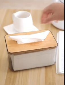 Dita\_shop กล่องใส่ทิชชูพลาสติกใส กล่องใส่ทิชชู่มินิมอล ฝาไม้ พร้อมส่ง