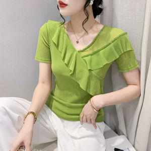 Yimei Áo thun nữ Quảng Châu xinh đẹp áo thun lá ngắn tay diềm đăng ten dáng ôm Mới Mùa Hè Áo Áo lưới cổ chữ V đẹp 2023 nữ
