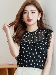 Summer 2025 Womens Sleeveless Short-Sleeve Chiffon Vest Fashionable Stand Collar Slimming Trendy Top round Neck Regular Length