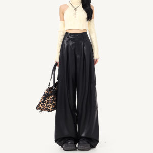 Retro American High Waist PU Leather Pants Womens Loose Design Sense Pleated Wide Leg Casual Pants Autumn 2025 New Style