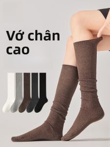 MiiOW | Tất cao cổ bằng cotton thoáng khí cho nữ MiiOW Cat Person Dệt kim dày giữ ấm mùa thu đông màu xám dài đến đầu gối