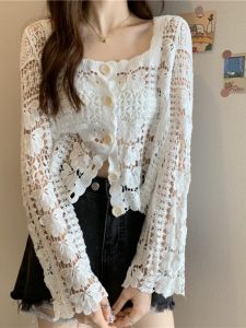 Spring Summer 2025 New Hollow out Thin Lace Shirt Knitted Long Sleeve Open Cardigan Outerwear Womens Trendy Air Conditioner Cover up
