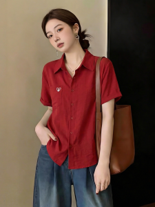 SHIMANQING | Elegant Burgundy Slimming Polo Collar Short Sleeve Shirt