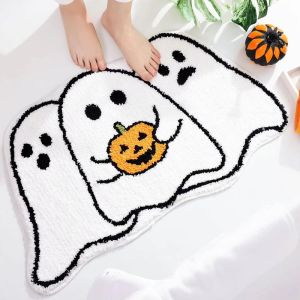 VIKAMA Halloween Pumpkin Ghost Doormat Holiday Bath Rug Orange White Black Jack O Lantern Non Slip Absorbent Entryway Mat