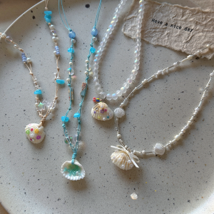 ต้นฉบับธรรมชาติ สีหิน เปลือกหอย สร้อยคอดาว ผู้หญิง ฤดูร้อน INS ผู้ชมขนาดเล็กอุปกรณ์เสริมเชือกถัก Clavicle CHAIN Island สไตล์วันหยุด