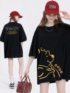 Black Cotton Half Sleeve T-Shirt Women Loose Fit Summer New Style Streetwear Cartoon Print round Neck Casual Top for Teens