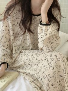 Nightdress Womens Spring and Autumn Japanese Style Ins Cute Cartoon Rabbit Minimalist round Neck Drawstring Long Pure Cotton Gauze Dress