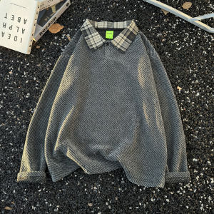 เสื้อสเวตเตอร์คอโปโลทรงหลวมสำหรับผู้ชาย ทรงหลวม แขนยาว ลายสก็อต สวมใส่สบาย แฟชั่นฤดูใบไม้ร่วง