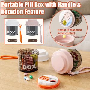 Cute Mini Pill Box Portable Rotation Travel Pill Organizer with Handle Dustproof Tablet Storage Box with Lid Small Travel Pill Dispenser