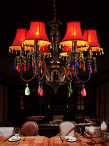 Retro Crystal Red Pendant Light for Bar Coffee Shop Restaurant Decor Atmosphere Lighting Iron Art Chandelier European Style