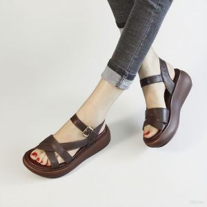 Womens Brown Crisscross Strap Platform Flat Sandals - Ankle Buckle Open Toe Casual Shoes
