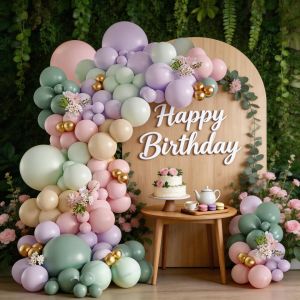 126-Piece Balloon Garland Arch Set Including Ice Silk Haze Blue Pink Vintage Sand White Maca Purple and Metallic Gold Balloons Suitable for Birthday Parties Baby Showers Holiday Decorations Friend Gatherings and Store Openings.