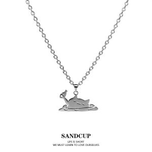 SANDCUP Cat Fishing Necklace Trendy Cool Cute Girl Titanium Steel Cross Chain Jewelry Original Design Luxury Minimalist