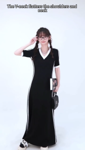Womens Dress V-Neck Short-Sleeved Contrast Color Slim-Fit A- Line Long Dress Stitching Design Sense Simple Commuting Leisure Gentle Age-Reducing Elegant Fashion All-Match Korean Style High Elastic Long Dress