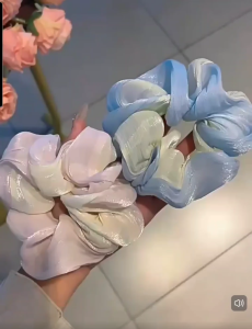 French Elegant Organza Scrunchie Hair Tie Set (2pcs) Pink & Blue Pearl Mesh Hair Band Korean Style Ponytail & Bun Holder HT03 Women Girl girls