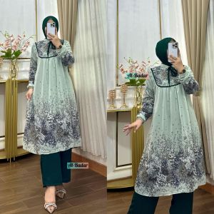 SETELAN LONG TUNIK BAHAN CERUTY MIX KRINGKEL PARIASI TALI DADA LD 110 CM PB 120 CM PC 95 CM