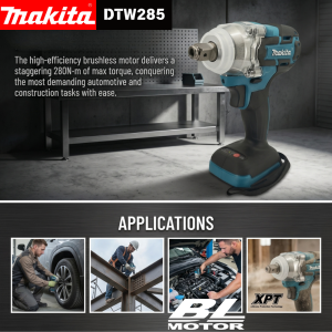 Makita | Makita DTW285 18V Cordless Impact Wrench M10-M20 Standard Bolt Capacity 280Nm Brushless For Makita 18V Battery