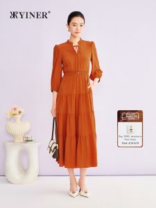YINER | Elegant Belted Mandarin Collar Silk Cable Knitted Waist-cinching Dress