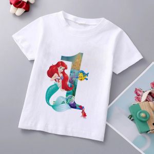 ULEEK Disney Princess Mermaid Pattern Girls Clothing Childrens T-shirt Age 1 23 45 6 78 9th Birthday Digital Bow Baby T-shirt HKP26