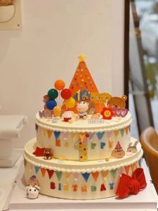 Happy 3rd Birthday Cake Decoration Cute Cow Baby Bear Head Smile Face Dessert Table Top Selling Baking Plugin Label