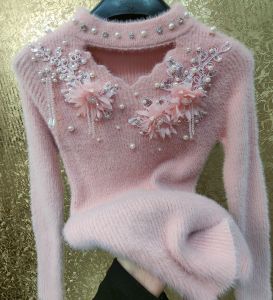 Luxury Handmade Pink Silk Satin Heavy Work Sweater New Chinese Style V-neck Sweater 3d Flower Drill Sweater Womens Knitwear