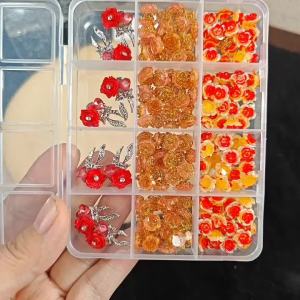 12Grids 3D Glitter Rose Camellia Nail Charms Ice-transparent Resin Roses Flower Nail Art Decorations DIY Manicure Accessories zb