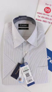 [Việt Tiến Sale] Sơ Mi Ngắn Tay - Regular (Suông) - Vạt Bầu - Kẻ sọc be nền trắng - size 37 (lẻ size)