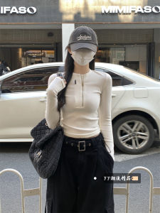 Design Sensation Zipper Shoulder Long Sleeve T-Shirt Womens Winter Tight Inner Wear Base Shirt Short Top Casual Style