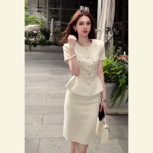 SHANGSHA | Elegant Ladylike White Slimming Dress Suite