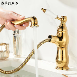 French Vintage Pull-Out Faucet Full Copper Bathroom Sink Washing Hand Faucet Gold Ceramic Handle Cold And Hot Water Head