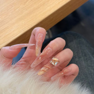 Handmade Long Gradient Gold Snake Cat Eye Nail Tips New Year High End Sensation Adhesive Nail Art Decals Any Skin Type Suitable