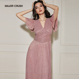 Vintage Style Flowy Pink V-neck Evening Dress