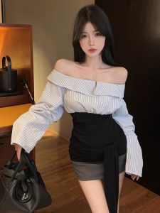 GUZILIAN | Blue Striped One Shoulder Long Sleeve Womens Shirt Early Autumn Sweet And Spicy Girl Design Slim Fit Top Korean Style Commute