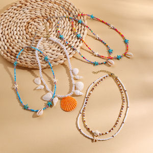 Amazon Hot Sale in Europe and America Summer Vacation Ocean Style Fashion Accessories Shell Necklace Mixed Color Rice-Shaped Beads Stringed Beads Necklace