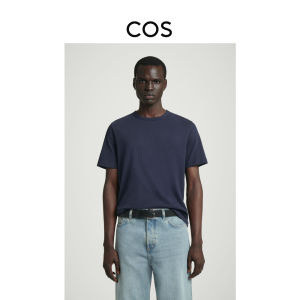 COS Mens Fashion Standard Fit Brushed round Neck Short Sleeve T-Shirt New Arrival Deep Blue Cotton 100% Urban Style Summer