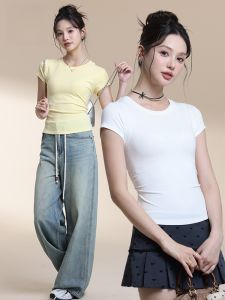 MiiOW | Pure Color Womens T-shirt Summer Fashion Design Gathered Waist Short Sleeve Round Neck Short Length MiiOW Cat Person Top